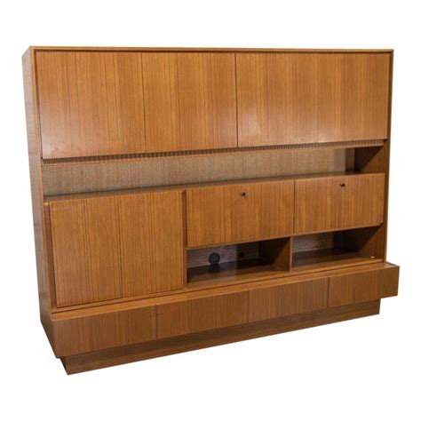 Mid Century Modern Teak Veneer German Shrunk Wall Unit Secretary Liquor ...