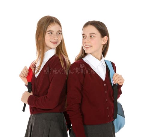 Portrait Teenage Girls School Uniform Backpacks White Stock Photos ...