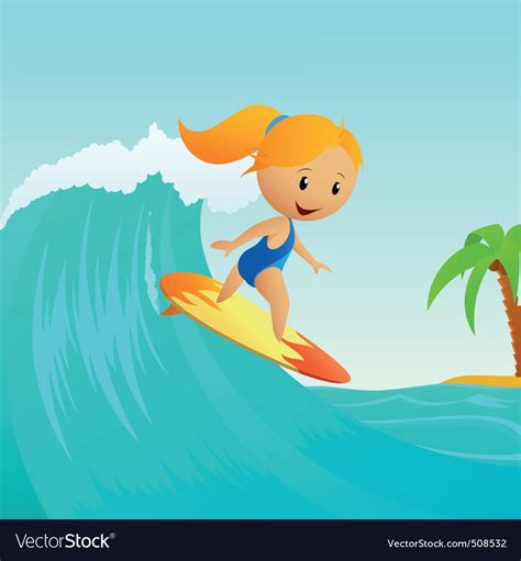 Cartoon cute little girl surfing on waves Vector Image