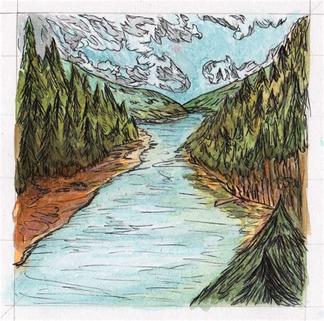 A quick watercolour and pen drawing of a mountain river scene Mountain River, Pen Drawing ...