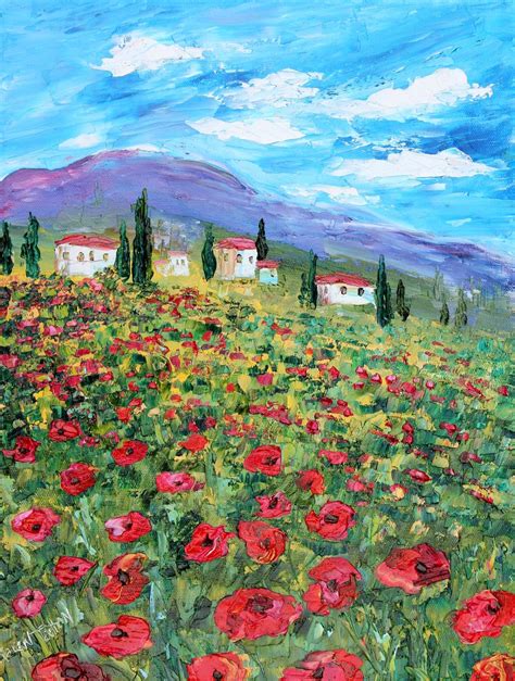 Landscape painting original oil Tuscany Poppies palette knife