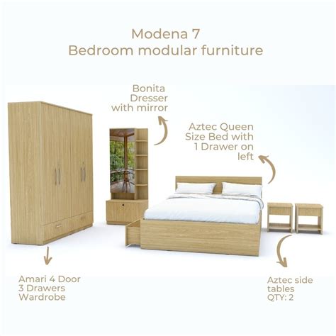 Modena 07: Set of 5 Bedroom Furniture - 4 door Wardrobe, Queen Bed Lef ...