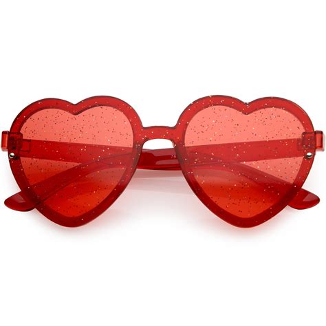 Women's Translucent Rimless Heart Sunglasses Glitter Lens 52mm (Red ...