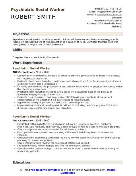 Psychiatric Social Worker Resume Samples | QwikResume