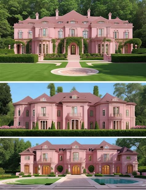 Premium AI Image | Pink luxury mansion with large gardens big Long Shot