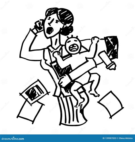 A Doodle Vector Image of a Working Mother with a Baby Working in the ...