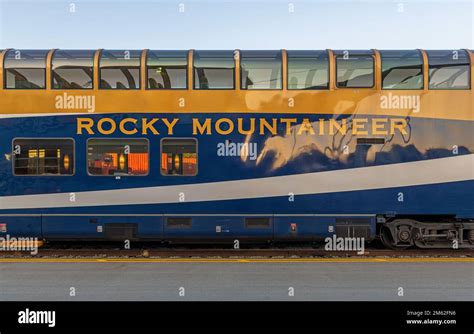 Gold leaf train wagon of the Rocky Mountaineer in Vancouver train ...