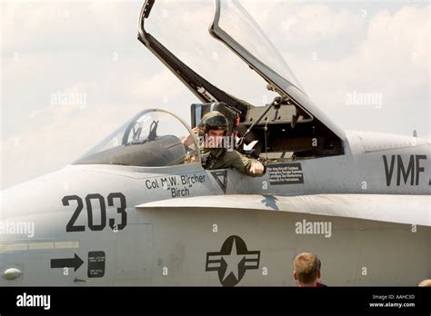 United States Marines F18 Hornet jet aircraft pilot seated in cockpit ...