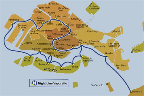 Water Bus Venice Vaporetto Map of Line N Night ACTV