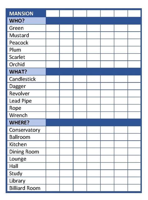 Original Printable Clue Sheets