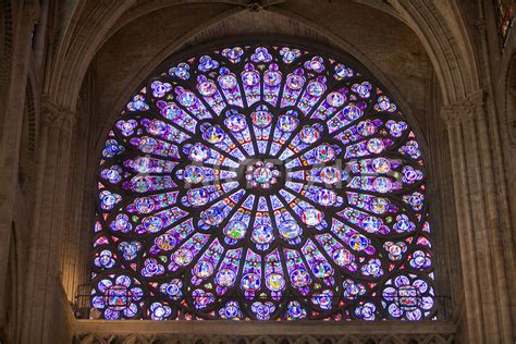 "Interior detail of stained glass window in Notre Dame Cathedral ...