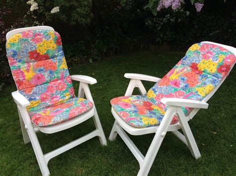 Pair of White Plastic Reclining Garden Chairs & Cushions | in Madeley ...