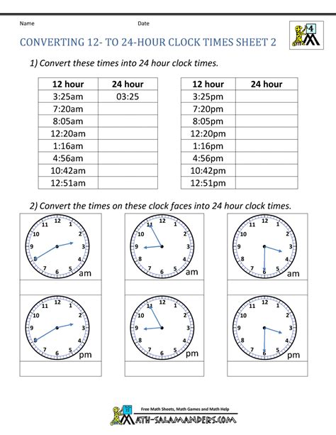 24 Hour Clock Conversion Worksheets