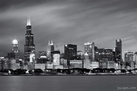 Chicago Skyline At Night Black And White Photograph by Adam Romanowicz