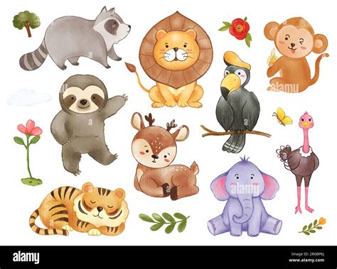 Collection of wildlife animals and plant elements . Watercolor painting ...