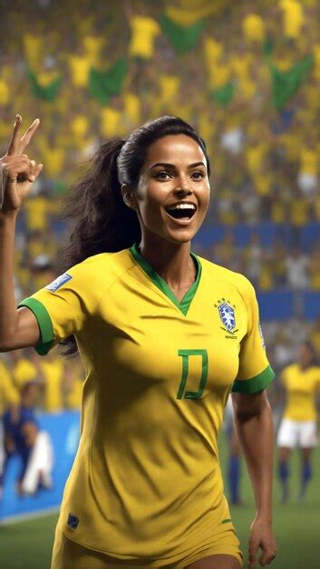 Premium AI Image | Female soccer player brazil celebrating goal in ...