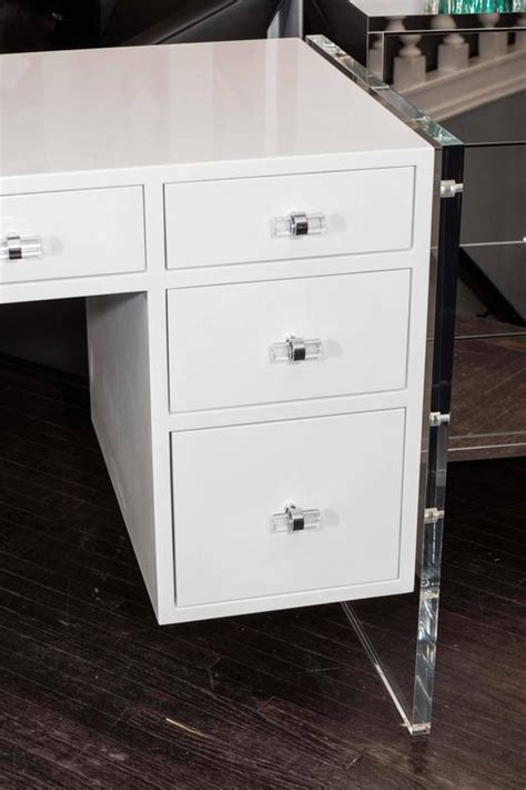 White High Gloss Lacquer Desk with Lucite Side Panels For Sale at 1stdibs