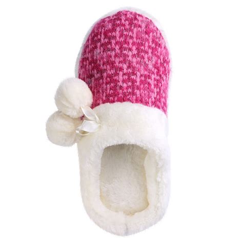 Women's Slip-on Knit Weave Plush Slippers With Pom Poms Bedroom House Shoes | eBay