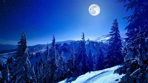 Download Full Moon Moon Forest Mountain Snow Nature Winter HD Wallpaper