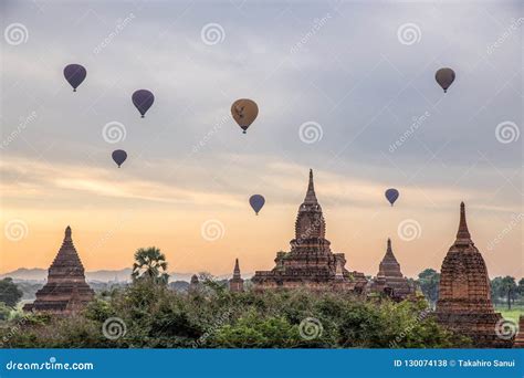 Pagoda and Balloon at Sunrise in Bagan Myanmar Stock Photo - Image of ...