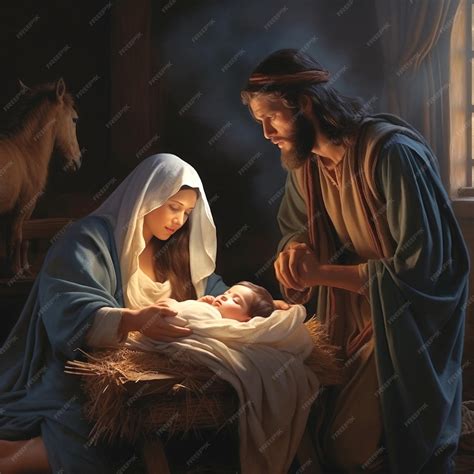 Premium Photo | Mary and Joseph with baby Jesus in the manger