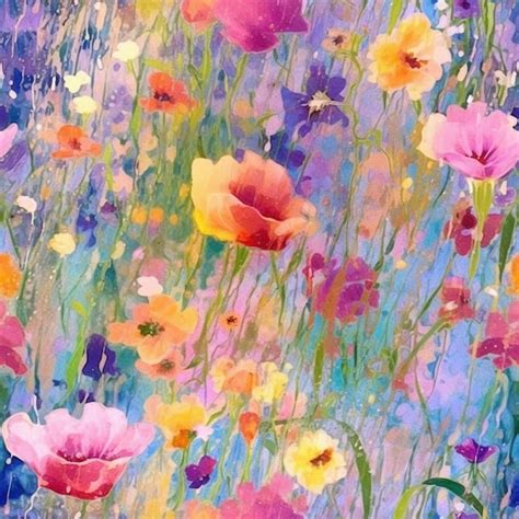 Premium AI Image | A painting of a field of flowers with a purple and orange poppy.