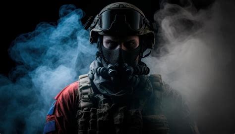 Premium Photo | A soldier in a mask stands in front of a black background.