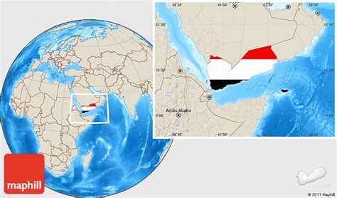 Flag Location Map of Yemen, shaded relief outside