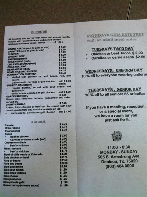 Menu at Girasoles restaurant, Denison