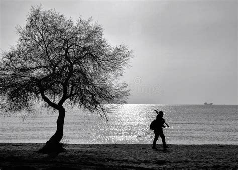 Man Walking Alone On A Beach Stock Image - Image of loneliness, yellow ...