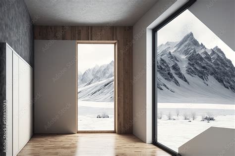 A modern, vacant room with a view of the snow. The room features a wood floor, gray walls, and ...