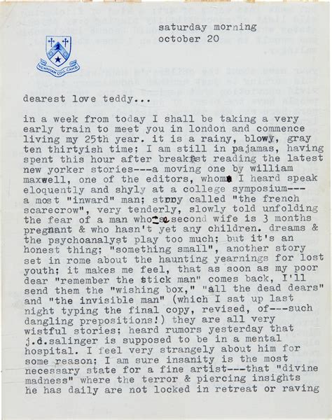 Sylvia Plath | Typed letter signed, to Ted Hughes, on madness and art, and the literary scene ...