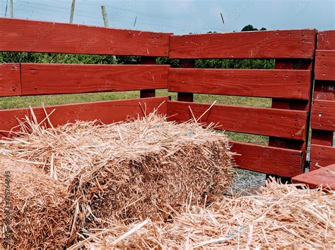 Empty Red Hayride Wagon with Hay Bales on a Farm's Green Pasture for Fall Fun Photos | Adobe Stock