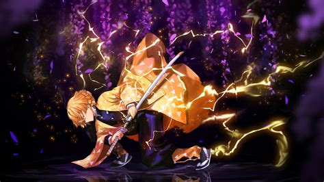 Demon Slayer Zenitsu Agatsuma With Weapon With Background Of Purple Flowers With Lighting HD ...