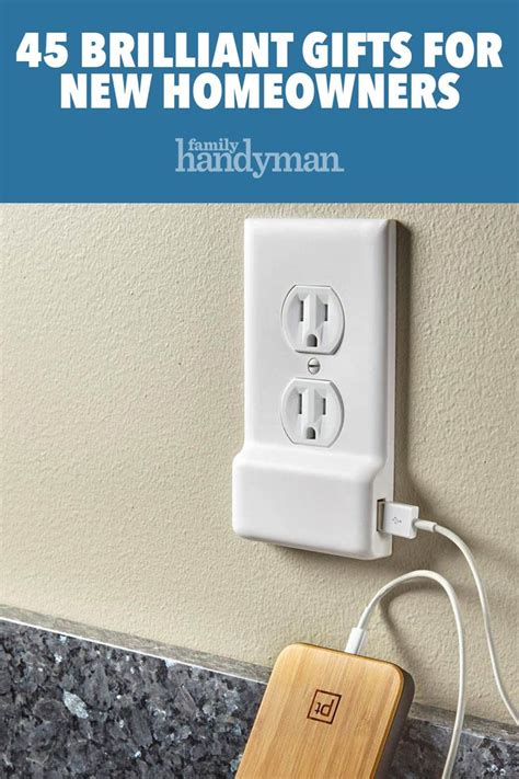 a white outlet plugged into a wall with the words, 45 brilliant gifts for new homeowners