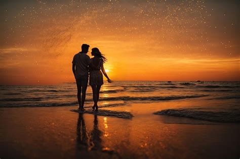 Premium AI Image | silhouette of a couple on the beach at sunset ai generative