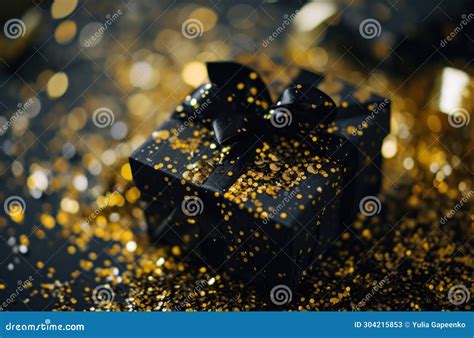 Black Box with Gold Ribbon and Gold Confetti Stock Illustration - Illustration of surprise ...