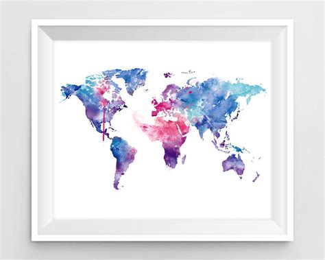 World Map Art Watercolor World Map Print Wall Art Wanderlust Home Decor Map Poster Painting ...