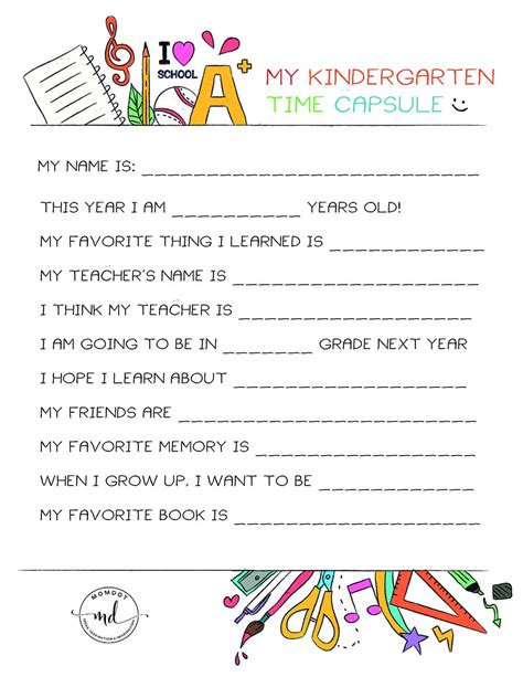 Kindergarten Time Capsule FREE PRINTABLE - Momdot.com