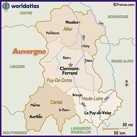 Map of the Auvergne Region of France Including Clermont-Ferrand, Aurillac, Moulins and Le Puy-En ...