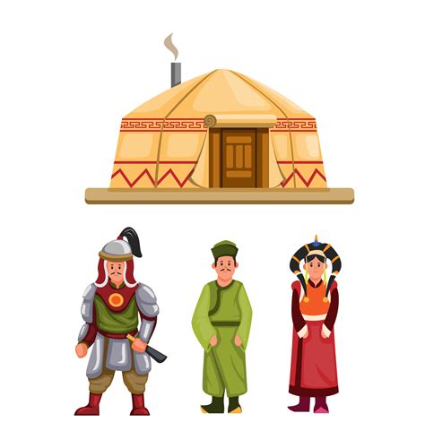 Mongolian traditional clothes and building character set in cartoon ...