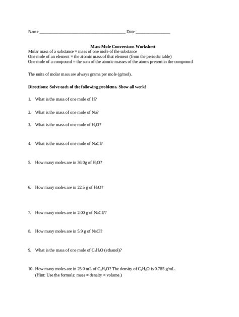 mass mole conversions worksheet Doc Template | pdfFiller