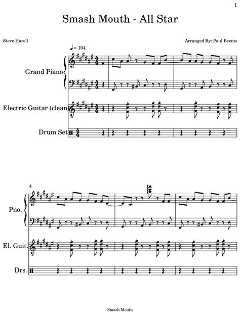 Smash Mouth - All Star - Sheet music for Piano, Electric Guitar, Drum Set