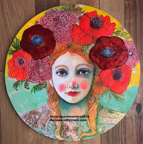 a painting of a woman with flowers in her hair on a round plate sitting ...