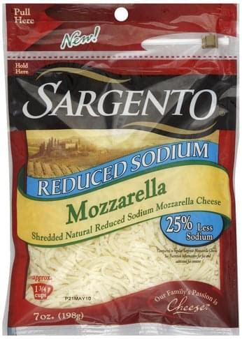 Sargento Mozzarella, Reduced Sodium Shredded Cheese - 7 oz, Nutrition ...