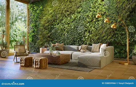 Vertical Green Wall in a Living Room Interior, 3d Render Stock ...