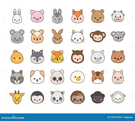 Linea De Dibujos Animados De Animales Kawaii Linea Y Juego De Iconos De ...