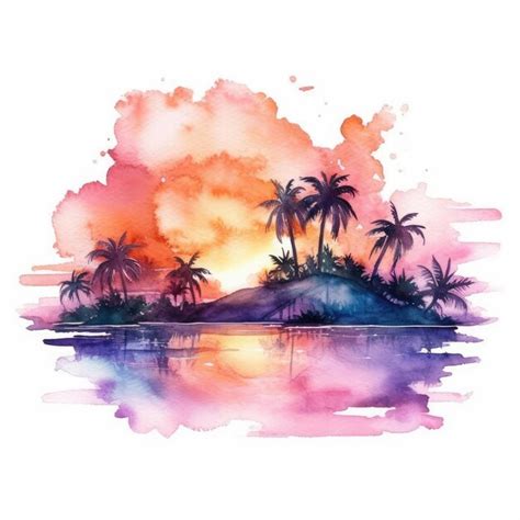 Premium AI Image | watercolor of a sunset on a tropical island