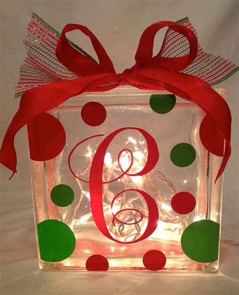 Personalized Lighted CHRISTMAS GLASS BLOCK with Monogram Initial White Lights Polka Dots ...