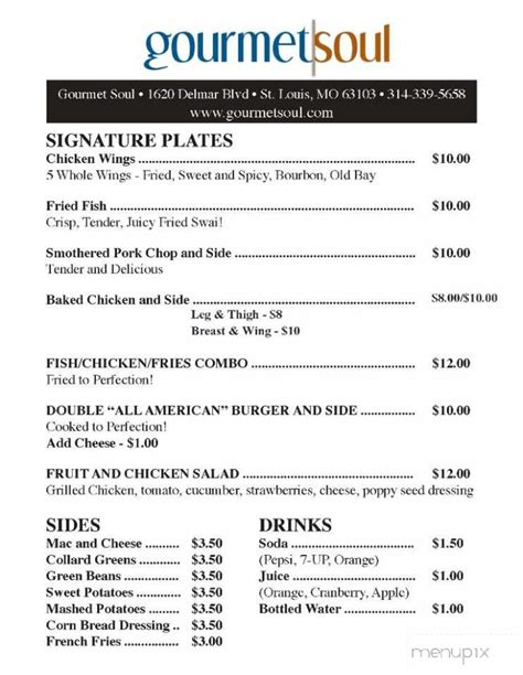 Menu of Gourmet Soul Restaurant and Catering in Saint Louis, MO 63103